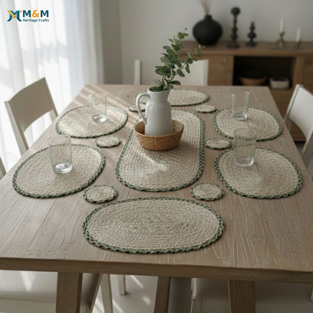 Natural jute handmade table runner set with 6 placemats and 6 coasters for dining table by M&M Heritage Crafts